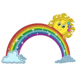 Rainbow With Clouds and Sun Applique Machine Embroidery Design Digitized Pattern